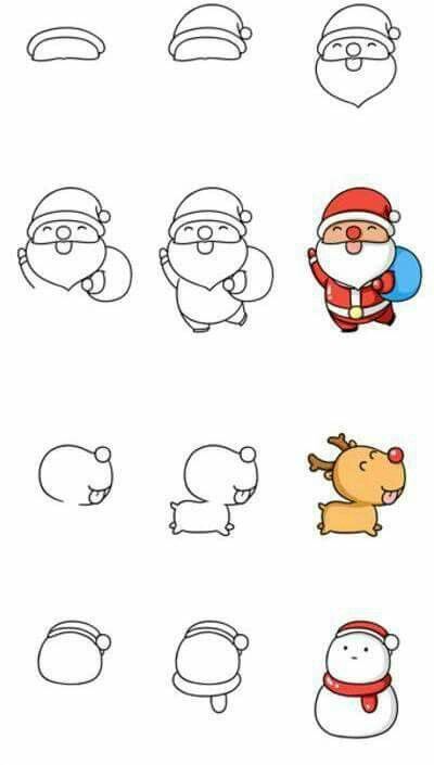 Cute Christmas Card Ideas Drawing Easy, Cute Christmas Sketches Easy, Christmas Cartoon Drawings Easy, Christmas Characters Drawings, Simple Christmas Drawings, Trin For Trin Tegning, Easy Christmas Drawings, Xmas Drawing, How To Draw Santa