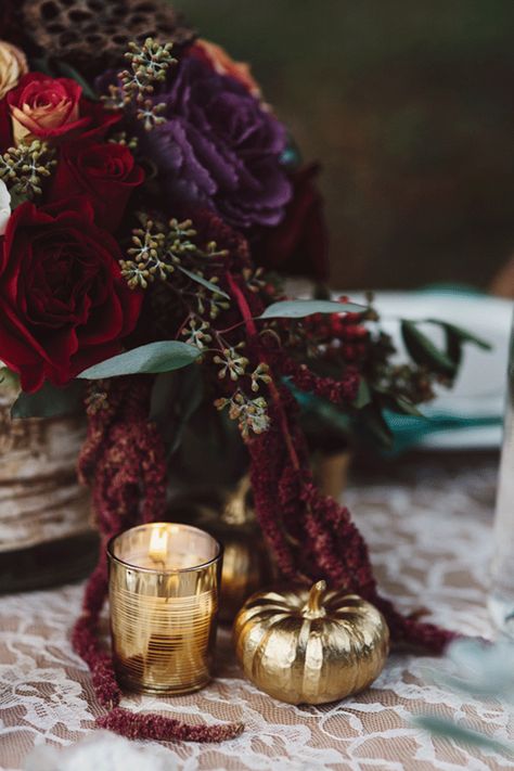 20 DIY Gold Thanksgiving Decor DIYs | Brit + Co Purple Thanksgiving, Moody Flowers, Elegant Thanksgiving, Thanksgiving Tablescape, Color Table, Gold Pumpkins, Thanksgiving Inspiration, Diy Gold, Diy Thanksgiving