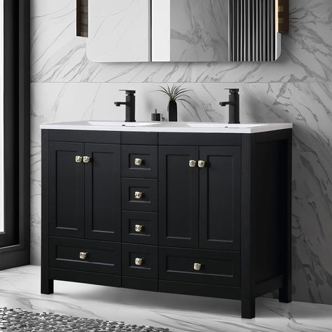 Vanities Cabinet with Sink Combo Set Undermount Double Resin Sink Thickened Wood Matte Black Faucet 48 Vanity, Cabinet With Sink, Black Cabinets Bathroom, 48" Vanity, Matte Black Faucet, New Bathroom Ideas, Small Nightstand, Double Sinks, Black Faucet