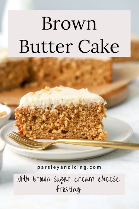 Brown butter cake is a moist, tender cake made with nutty brown butter. It's topped with brown butter brown sugar cream cheese frosting! This easy one-layer cake is perfect for both weeknights and holidays! Brown Butter Cake Recipe, Cornmeal Cake Recipe, Brown Sugar Cream Cheese Frosting, Brown Butter Cake, Brown Sugar Cake, Brown Sugar Cakes, Butter Cream Cheese Frosting, Icing Recipes, Butter Cupcakes