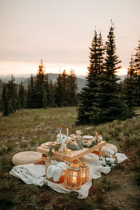 A lavish wedding picnic set up among the trees and wildflowers in the alpine of Manning Park at sunset Micro Wedding Picnic, Private Picnic Ideas, Garden Picnic Wedding Ideas, Picnic Aesthetic Wedding, Picnic Wedding Proposal, Picnic In Mountains, Boho Picnic Decor, Boho Picnic Set Up, Romantic Fall Picnic