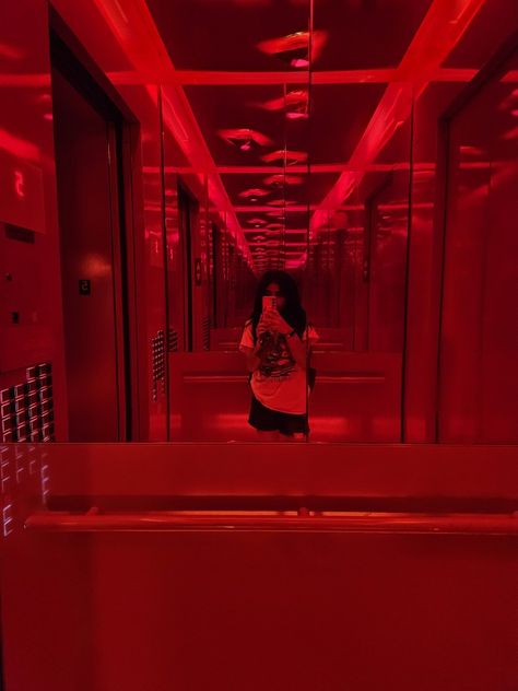 Red elevator? Where is it going? Hopefully not down Dancing In The Elevator, Red Elevator, Elevator Cinematography, Elevator Make Out Aesthetic, Drive Elevator Scene, Ghost Hunting, Wide Angle, Light Red, Dark Red