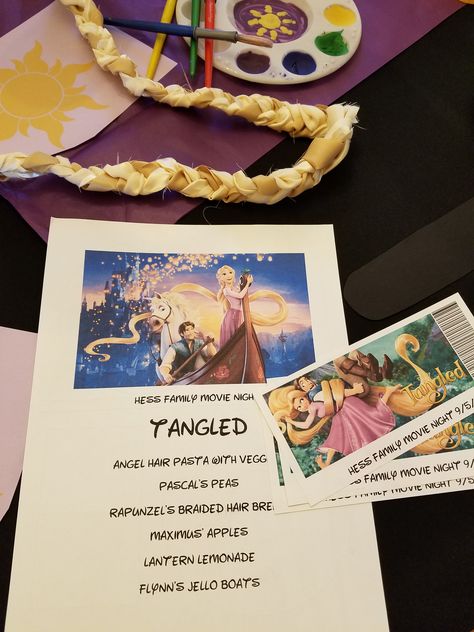 Disney Movie Night Menu Tangled, Tangled Menu Ideas, Disney Movie Night Dinner Tangled, Pixar Dinner And Movie Night, Tangled Movie Night Food, Tangled Dinner And A Movie, Tangled Recipes, Tangled Food Ideas, Rapunzel Movie Night