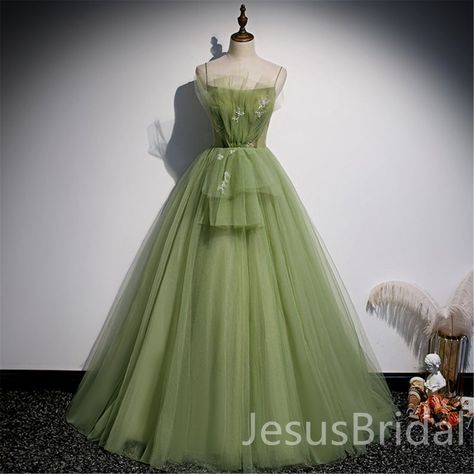 Formal Dresses Graduation, Green Evening Dress, Tulle Balls, Green Tulle, A Line Evening Dress, Elegant Prom Dresses, Tulle Ball Gown, A Line Prom Dresses, Green Prom Dress