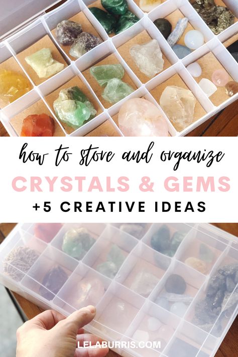 crystal storage organizer container DIY Organize Crystal Collection, Ways To Store Crystals, Ways To Organize Crystals, Display Gemstones Rock Collection, Gemstones Display Ideas, Ideas For Displaying Crystals, Displaying Crystals And Stones, Storage For Crystals, Display Crystals And Stones In The Home