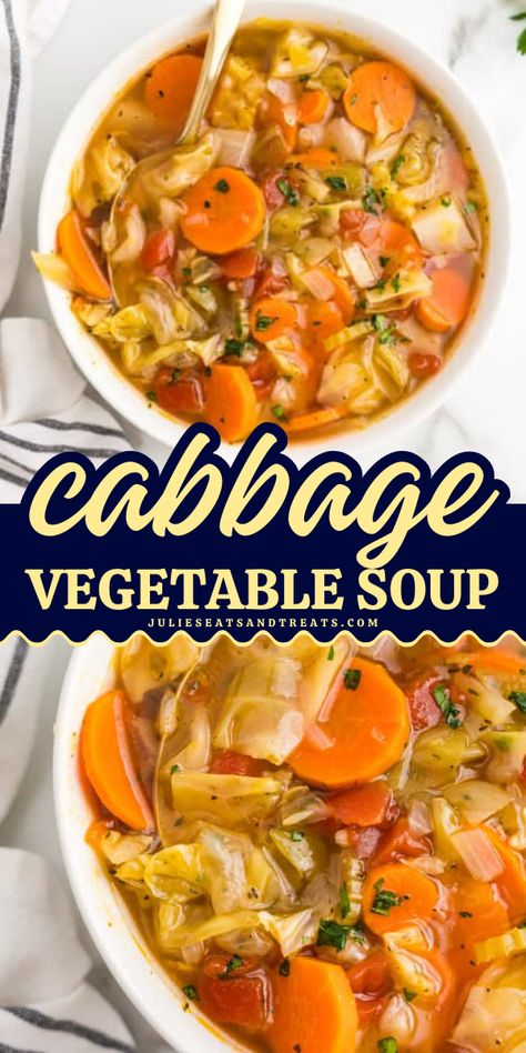 Out of soup ideas for dinner? Try this Cabbage Vegetable Soup! This homemade soup is healthy and loaded with so much flavor. It makes an easy comfort food recipe or a simple, healthy meal for the family. Save this pin! German Vegetable Soup, Jewish Cabbage Soup, Cabbage Soup No Tomatoes, Cabbage Recipe Soup, Italian Cabbage Soup, Loaded Vegetable Soup, Easy Cabbage Soup Recipe, Cabbage Soup Recipe Diet, Healthy Vegetable Soup Recipes