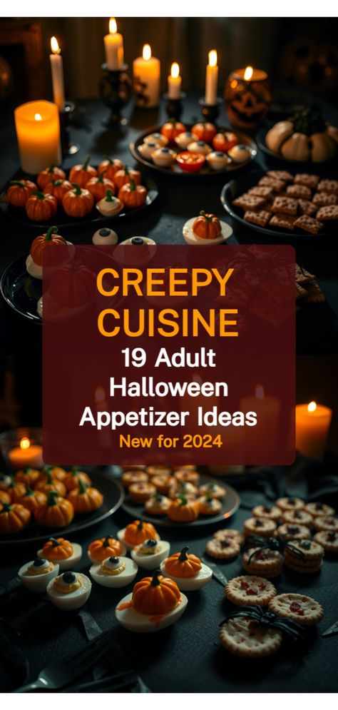 Halloween appetizers for adults Halloween Themed Food Appetizer, Adult Halloween Party Appetizers, Adult Halloween Appetizers, How To Host A Halloween Party, Spooky Halloween Appetizers For Party, Hosting A Halloween Party For Adults, Adult Halloween Food Ideas, Halloween Hor D'oeuvres, Halloween Salads Spooky