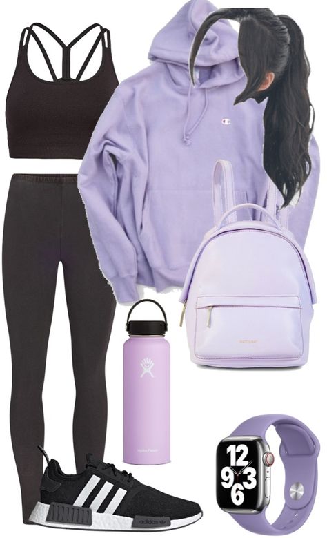 Purple Sporty Outfit, Purple Athletic Fit Activewear Athleisure, Purple Gym Outfit, Casual Purple Activewear For Gym, Purple Athletic Outfits, Purple Workout Outfit, Purple Workout Outfit Aesthetic, Purple Leggings Outfit, Purple Full-length Athleisure Activewear