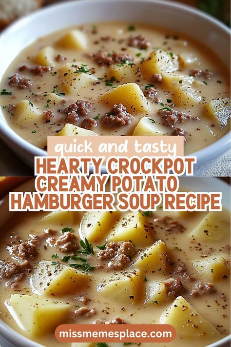 Discover the rich flavors of this Hearty Crockpot Creamy Potato & Hamburger Soup, a must-try dish for any comfort food lover. With simple ingredients like ground beef, russet potatoes, and aromatic spices, this recipe transforms into a creamy delight in just a few hours. Perfect for meal prep, this soup is not only satisfying but also versatile—add in extra veggies or adjust seasonings to match your taste. Serve it with crusty bread for the complete cozy experience everyone will love! Creamy Crockpot Potato Hamburger Soup, Creamy Hamburger Potato Soup Crockpot, Cheesy Hamburger Potato Soup Crock Pot, Crockpot Creamy Potato Hamburger Soup, Crockpot Hamburger Soup Recipes, Potato Soup With Beef Broth, Creamy Potato Hamburger Soup Crockpot Meals, Crockpot Soup Recipes Ground Beef, Creamy Potato Hamburger Soup Crockpot