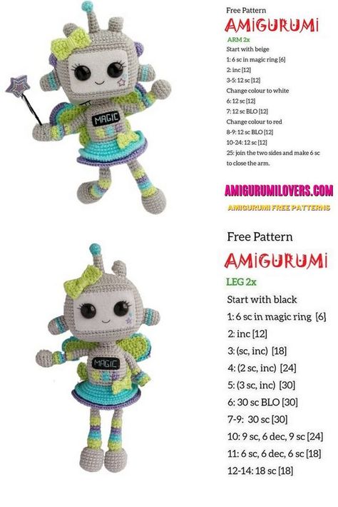 Amigurumi Ms. Robot Free Pattern - Amigurumilovers.com Crochet Robot Pattern Free, Crochet Robot, Geek Crochet, Star Room, Kawaii Amigurumi, Turquoise Yarn, Robot Cat, Crochet Toys Free, Crochet Monsters