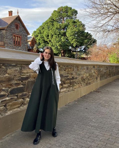 Melody on Instagram: “Photos of the most recent dress I made using wool from @wearethefabricstore 🤍 Chris & I moved house over the weekend and I’m really excited…” Merchant And Mills Ellis And Hattie, Pdf Dress Pattern, Relaxed Fit Midi-length Gathered Skirt, Pinafore Dress, Cotton Blouse, Pattern Store, Green Wool, Wool Dress, Cotton Blouses