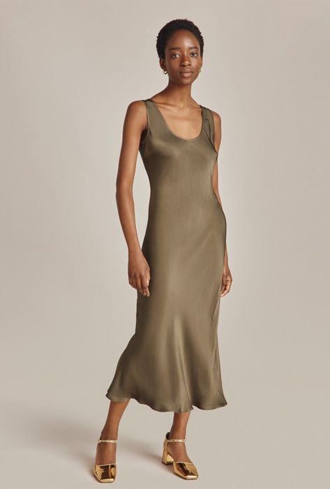 Palm Dress in Khaki | Ghost London Claudia Dress, Palm Dress, Khaki Dress, Satin Midi Dress, Satin Slip, Basket Bag, Mid Dresses, Favorite Dress, Xl Dress