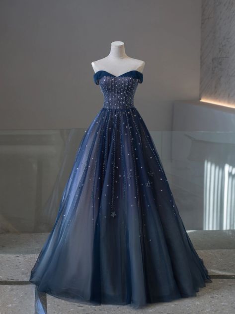 Under The Stars Dress Prom, Night Under The Stars Prom Dresses, Sweet 16 Under The Stars Dress, Starry Blue Dress, Midnight Blue Gown Debut, Under The Stars Prom Dresses, Midnight Ball Gown, Prom Dress Starry Night, Prom Dress Midnight Blue