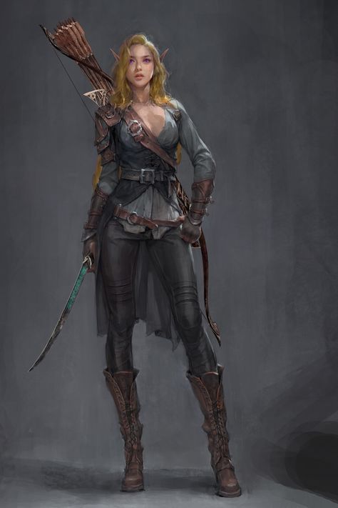 Szil  (Shen Lumina) - Female elf archer / hunter with amethyst eyes and honey blond hair Weiblicher Elf, Female Elf, Elf Art, Heroic Fantasy, Female Character Concept, Idee Cosplay, Pahlawan Super, Dungeons And Dragons Characters, Medieval Clothing