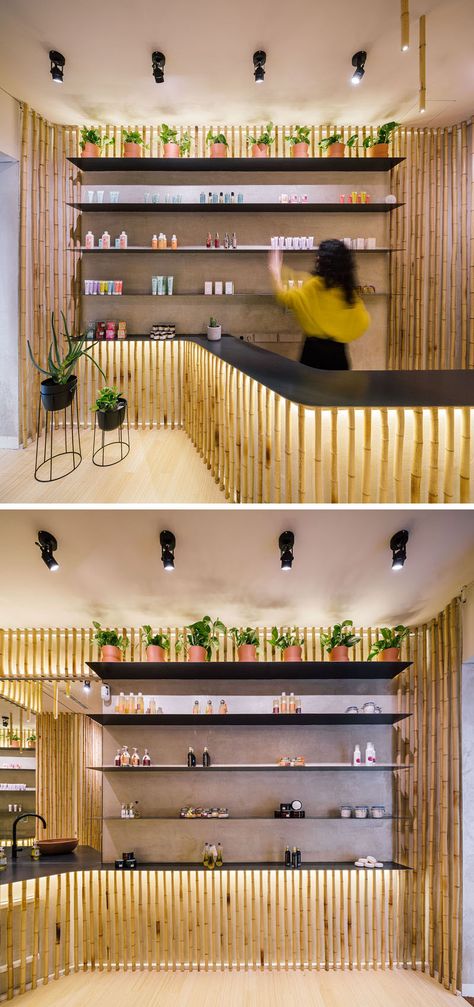 Bamboo Was Used As A Sustainable Decorative Feature At This Spa In Madrid Bamboo Shop Design, Bamboo Kiosk Design, Bamboo Design Interior, Bamboo Restaurant Design, Bamboo Cafe Design Ideas, Bamboo Decor Interior Design, Bamboo Restaurant Ideas, Bamboo Design Ideas, Bamboo Interior Design