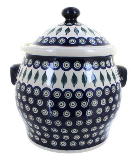 Polish Pottery Peacock Cookie Jar ** For more information, visit image link. Rose Pottery, Bakeware Storage, Butterfly Cookies, Utensil Crock, Blue Tulips, Peacock Pattern, Food Storage Containers Organization, Bakeware Set, Cookware Sets