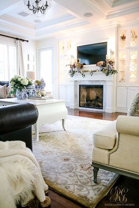 Neutral Family Room, Elegant Fireplace, Elegant Fall Decor, Elegant Living Room Decor, Fall Home Tour, Olive Branches, White Wall Decor, Elegant Fall, Fall Home