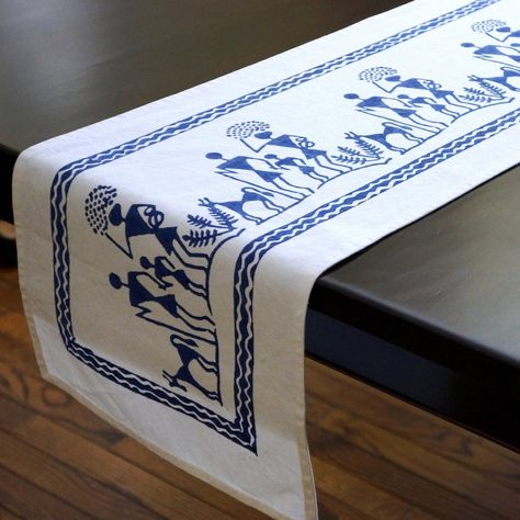 Our blue and white block print table runner is inspired by the Warli tribe in India. Add a bohemian accent to your dining experience and tell a story on your table! Painted Table Runner, Table Runner Decor, Dresser Runner, Worli Painting, Hand Painted Table, Dining Table Runners, Printed Table Runner, Table Runners Wedding, Painted Table