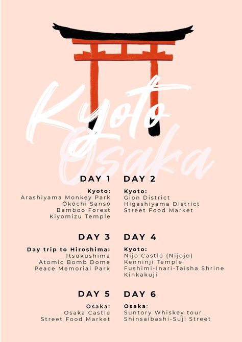 Kyoto & Osaka 6 Day Itinerary Osaka Kyoto Itinerary, Osaka Japan Itinerary, Osaka Bucket List, Japan Itinerary 10 Days, Osaka Itinerary, Osaka Travel, Japan Honeymoon, Tokyo Map, Kyoto Itinerary