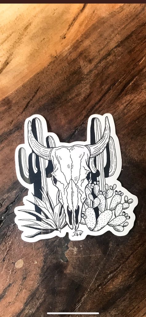 Skull Cactus, Country Tattoos, Western Artwork, Western Tattoos, West Art, Skull Sticker, Spine Tattoos, Elegant Tattoos, Cow Skull