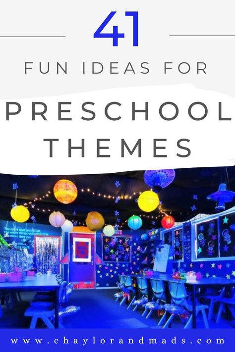 The best preschool classroom theme ideas including ideas for weekly and monthly themes and ideas for preschool themes for the entire school year that your students will love! Prek Classroom Theme Ideas, Daycare Classroom Decorating Ideas, Space Themed Preschool Classroom, Cute Classroom Themes Daycare, Classroom Wall Art Ideas, Preschool Party Themes, Preschool Room Themes Classroom Ideas, Themes For Preschool Classroom, Classroom Decor For Preschool