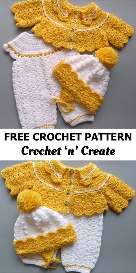 Free crochet pattern - Baby Romper Outfit from crochet 'n' create. Free fast, quick-easy-beginner-friendly! 'Don't forget to save' Crochet Preemie Clothes, Crochet Newborn Onesie, Newborn Boy Crochet Patterns Free, Crochet Layette Set Free Pattern, Baby Girl Crochet Ideas, Crochet Romper Baby Free Pattern, Crochet Baby Dress Free Pattern Newborn, Preemie Crochet Patterns Free, Baby Clothes Crochet Patterns Free