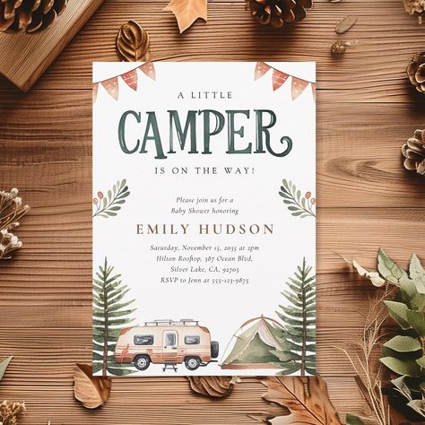 Camping Forest Watercolor Baby Shower Little Camper Baby Shower, Camping Forest, Camping Baby, Adventure Awaits Baby Shower, Rustic Baby Shower Invitations, Paper Coasters, Adventure Baby Shower, Woodland Watercolor, Forest Watercolor