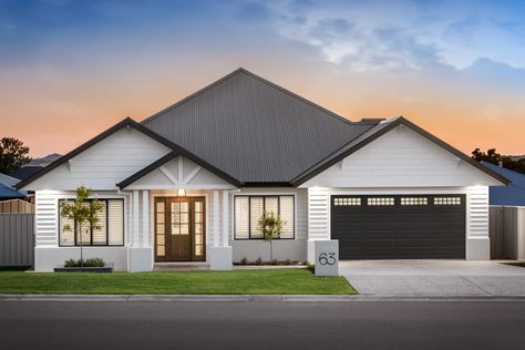 Coppabella - Lancaster Homes Hamptons House Exterior Australia, House Facades Australia, Hampton Exterior, Burnished Concrete, Modern Minimalist Farmhouse, Hamptons Facade, Weatherboard Exterior, Hampton Style Home, Shed House