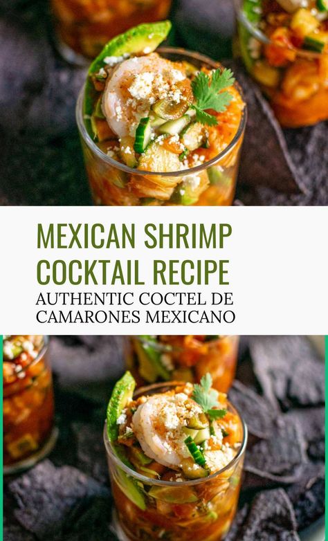 A 2-image pin with glasses of coctel de camaron, a Mexican shrimp appetizer for a party, served with blue corn tortilla chips. Pin reads 'mexican shrimp cocktail recipe: authentic coctel de camarones mexicano.' Shrimp Cocktails Recipes, Shrimp Cocktail Recipes, Mexican Shrimp Appetizers, Shrimp Cocktail Recipe, Shrimp Cocktail Recipe Mexican Easy, Mexican Seafood Cocktail, Shrimp Cocktail Recipe Mexican, Mexican Cocktail Shrimp, Mexican Shrimp Cocktail Authentic