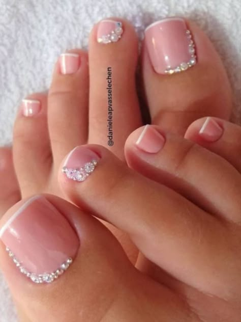 French Pedicure With Diamonds, Feet Extension Design, Feet Extension Nail Art, French Toes With Rhinestones, Bride Pedicure Wedding Day, Pedicure With Gems, Pearl Pedicure, Toe Nail Extensions, Bridal Toe Nails