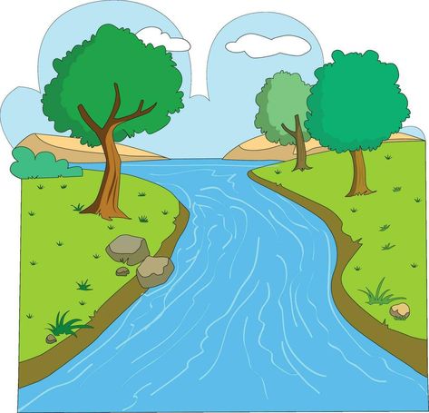 River Vector Illustration, River Cartoon, Gold Design Background, Deep River, Animated Images, Aesthetic Images, Design Background, Gold Design, Both Sides