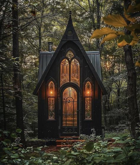 Goth House Exterior, Victorian Gothic House Exterior, Gothic Cabin, Gothic Tiny House, Gothic House Exterior, Backyard Tiny House, Victorian Gothic House, Gothic Style Home, Gothic Cottage