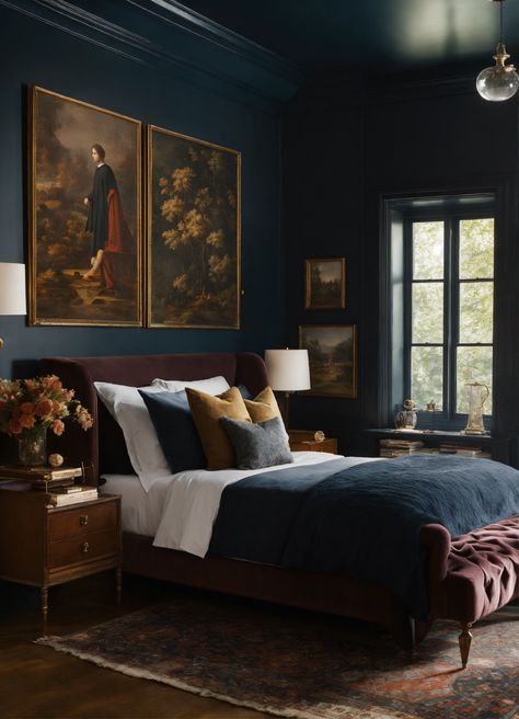 Traditional Moody Bedroom, Moody Master Bedrooms Decor Cozy, Moody Blue Room, Blue Moody Bedroom, 1900s Bedroom, Dark Blue Room Aesthetic, Color Drenching Bedroom, Moody Bedroom Paint Colors, Moody Blue Bedroom