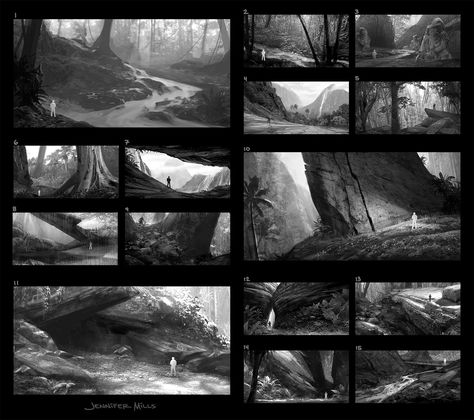 Environment Compositions, Jennifer Mills on ArtStation at https://www.artstation.com/artwork/rBZvG Environment Concept Art Forest, Environment Concept Art Thumbnails, Black And White Environment Concept Art, Forest Composition Concept Art, 3d Forest Environment, Composition Board, Composition Drawing, Forest Drawing, Environment Painting