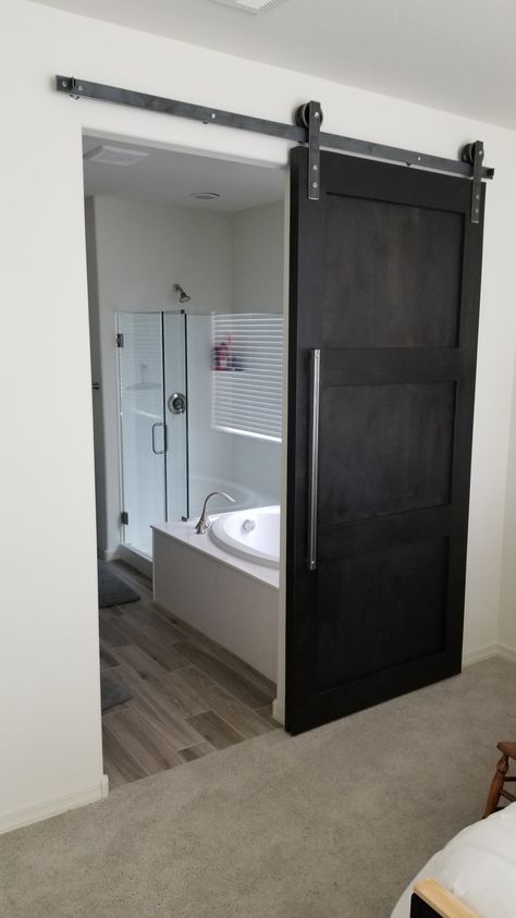 Bathroom barn door by the BDS Double Sliding Barn Doors Bathroom, Bathroom Sliding Door Ideas Master Bath, Sliding Barn Door Master Bath, Barn Door For Bathroom Master Bath, Barn Door Master Bath, Bathroom Barn Door Ideas Master Bath, Barnyard Door Bathroom, Bathroom Sliding Door Ideas, Bathroom Barn Door Ideas