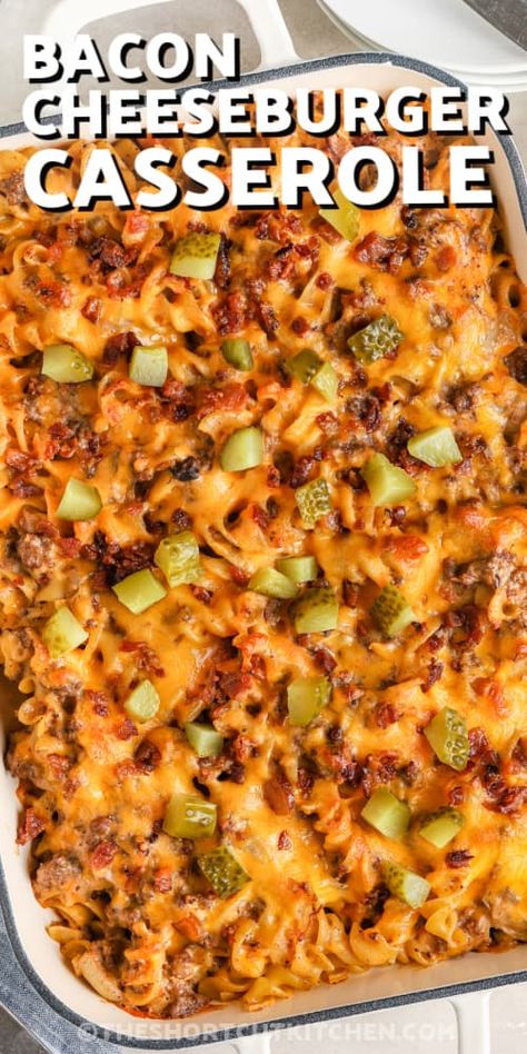 Cheeseburger Casserole With Shells, Cheeseburger Pasta Bake, Cheeseburger Casserole Healthy, Bacon Cheeseburger Macaroni, Hamburger Pasta Casserole Recipes, Bbq Bacon Cheeseburger Casserole, Cheese Burger Casserole Recipes, Loaded Bacon Cheeseburger Pasta, Hamburger Hotdish Recipes