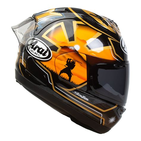 ARAI RX-7V EVO REPLICA PEDROSA GOLD SPIRIT HELMET  DANI PEDROSA SIZE EXTRA SMALL 53-54 CM IF PURCHASING FROM OUTSIDE THE UK YOU WILL PAY IMPORT DUTIES ON THIS HELMET THE IMPORT DUTIES ARE NOT INCLUDED IN THE PRICE OF THIS HELMET. Arai has transformed the way we make motorcycle helmets.  The new RX-7V is an example of the knowledge, experience and proficiency we have in helmet technology.  With a completely new PB-SNC' outer shell, the revolutionary VAS (Variable Axis System) visor system and a significant increased smoother area around the temples, the RX-7V offers the new benchmark in the premium helmet market.  For the 2021 season the Pedrosa Spirit Arai RX-7V has been added to the Arai family. DAYTONA MOTORCYCLES Arai Helmet, Race Helmet, Arai Helmets, Full Face Motorcycle Helmets, Bike Store, Head Protection, Sport Motorcycle, Full Face Helmets, Rx 7