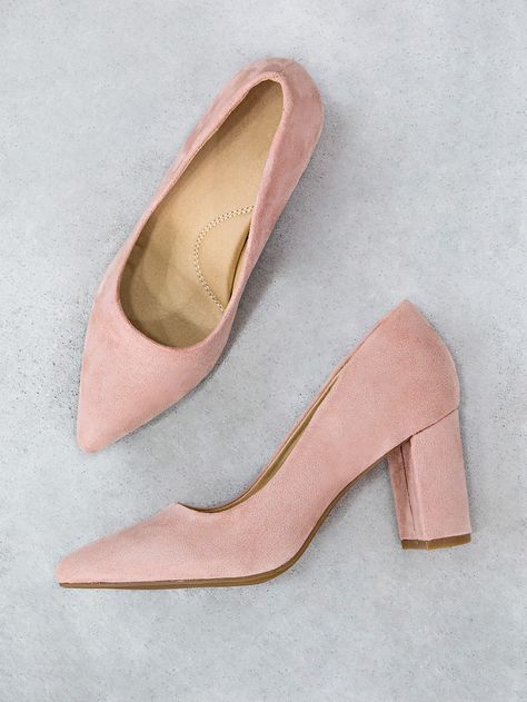 Chic Pink Block Heels With Pointed Toe, Feminine Blush Block Heels, Pink Suede Block Heels, Blush Pointed Toe Party Heels, Block Heels Outfit, Blush Pointed Toe Heels With 4-inch Heel, Rose Online, Pink High Heels, Heels Outfits