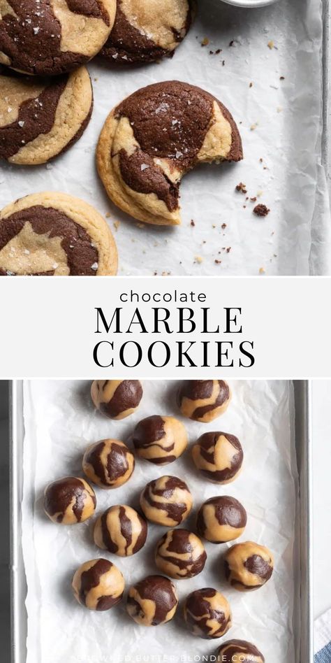 Chocolate Marble Cookies | Browned Butter Blondie | These soft and chewy Chocolate Marble Cookies are equal parts decadent and delicious. A recipe made with just a handful of simple ingredients (and no chill time!) these half cookie/half brownie hybrids are the best of both worlds! Half Brownie Half Cookie, Soft Bake Cookies, Chocolate Marble Cookies, Half And Half Cookies, Cookie Product Photography, Simple Cookies Recipes, Marble Cookies Recipe, Crunchy Cookies Recipe, Marbled Cookies