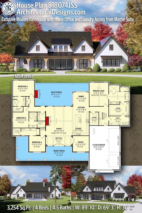 House Plan 818074JSS gives you 3200 square feet of living space with 4 bedrooms and 4.5 baths Shed Dormer, Primary Suite, 4 Bedroom House Plans, Floor Plan 4 Bedroom, H Design, Family House Plans, Ranch House Plans, Outdoor Living Room, Modern Farmhouse Plans