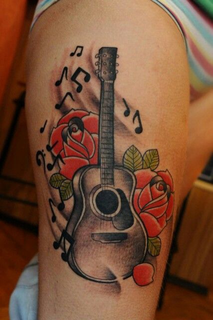 Rose Guitar, Purple Flower Tattoos, Guitar Tattoo Design, Music Tattoo Sleeves, Full Hand Tattoo, Dad Tattoo, Art Musical, Guitar Tattoo