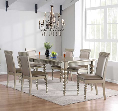 PRICES MAY VARY. Kings Brand Furniture – Hamlin 7-Piece Dining Room Set, Table with Butterfly Leaf & 6 Chairs, Champagne Provides a comfortable and stylish space for your family dinners with this Kings Brand Furniture Hamlin dining set. The stunning champagne color scheme adds glamour to shared meals, and the included leaf lets you expand the available surface area to accommodate more dishes. Chair features an upholstered seat and back, while the back of the chair is outlined in a wood frame and Classic Dining Room Furniture, Classic Dining Room, Solid Wood Dining Set, Set Table, Elegant Dining Room, Dining Room Set, Modern Dining Chairs, Table And Chair Sets, Rectangular Table