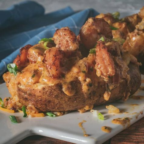 Creamy Cajun Shrimp Loaded Baked Potato - Gimme From Scratch Shrimp Baked Potato Recipe, Seafood Baked Potato, Creamy Cajun Shrimp Sauce, Cajun Shrimp Sauce, Shrimp Cream Sauce, Creamy Cajun Shrimp, Sausage And Potato Bake, Potato Sauce, Cajun Sauce