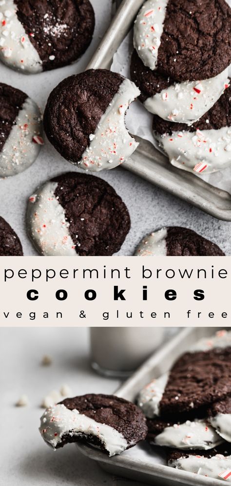 Cookie Recipe Gluten Free, Cookies Dipped In White Chocolate, Peppermint Brownie Cookies, Brownie Cookie Recipe, Peppermint Brownie, Vegan Chocolate Cookies, Gluten Free Christmas Cookies, Vegan Christmas Cookies, Peppermint Chocolate