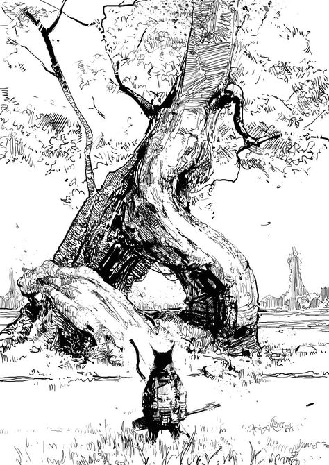 Manga Tree, Boichi Manga, Graphisches Design, Comic Layout, Landscape Sketch, 다크 판타지, Ink Sketch, Ink Illustrations, Pen Art