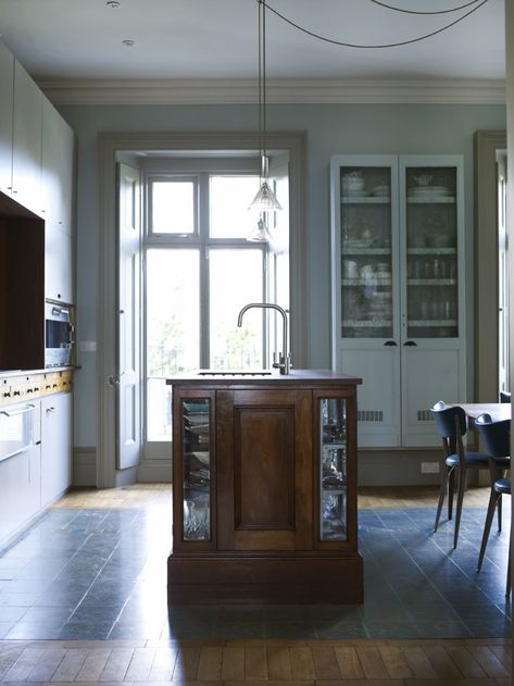 A Gracious London Terrace House Is Reborn with Salvaged Materials - Dwell London Terrace House, Museum Display Cases, Kitchen Workshop, Modern Kitchen Renovation, Terrace Kitchen, Vintage Light Fixtures, Victorian Houses, French House, Updated Kitchen