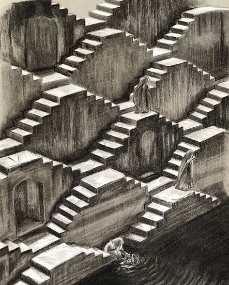 Step well in Rajasthan, India, sketch Stepwell Illustration, Statue Art Drawing, Chand Baori, Step Well, Strange Dreams, Charcoal Sketches, Basic Design Principles, Art Journal Challenge, Architecture Drawing Presentation