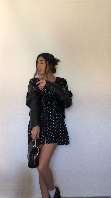 Polka Dot Dress Aesthetic, Black Polka Dot Dress Outfit, Polkadot Outfit, Dot Dress Outfit, Polka Dot Dress Outfit, Black Dress Aesthetic, Dress Shorts Outfit, Jessica Day, Polka Dots Outfit