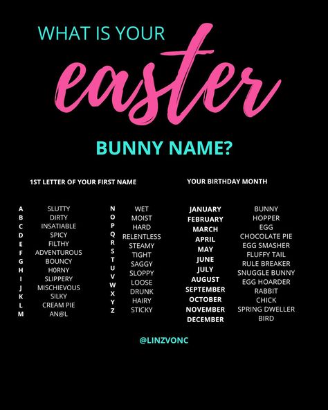 HAPPY EASTER! Are you scoffing chocolate and watching films today? I am! But first, tell me your Bunny Name... I'm Cream Pie Egg Smasher. Nice to meet you! Bunny Names, But First, Nice To Meet, Happy Easter, Tell Me, Meet You, Egg, Pie, Easter