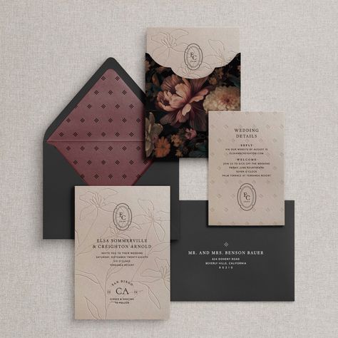 Romantic and tonal hues create a lush ambiance. This invite is perfect for garden or evening settings. Pair it with the colors of your wedding to make it your own!  Our fully customizable wedding suites offer a wide range of inks, paper and printing methods to make this suite truly one of a kind.  Image 3 showcases our full range of Marsupial Paper color options.  Our range of ink options as well as foiling and printing options can be seen on image 4.  The Elsa and Creighton suite AS PICTURED features midnight outer envelope, two-color letterpress, mushroom cardstock for invite, and details, antique gold wax seal, printed mushroom sleeve pouch, black ink, with a merlot liner. This listing is for a SAMPLE ONLY. No customizations are possible on the sample. To order this suite please visit m Black Wedding Invitation Cards, Moody Fall Wedding Invitations, Vineyard Save The Date, All Black Wedding Invitations, Wedding Invitations 2024, Mushroom Sleeve, Dolomites Wedding, Dark Wedding Invitations, Victorian Wedding Invitations